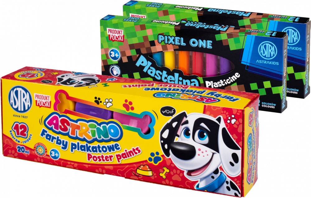 Zestaw: 2x Plastelina Astra Astrakids Pixel One, 12 kolorów + Farby plakatowe Astra Astrino, 20ml, 12 sztuk, mix kolorów