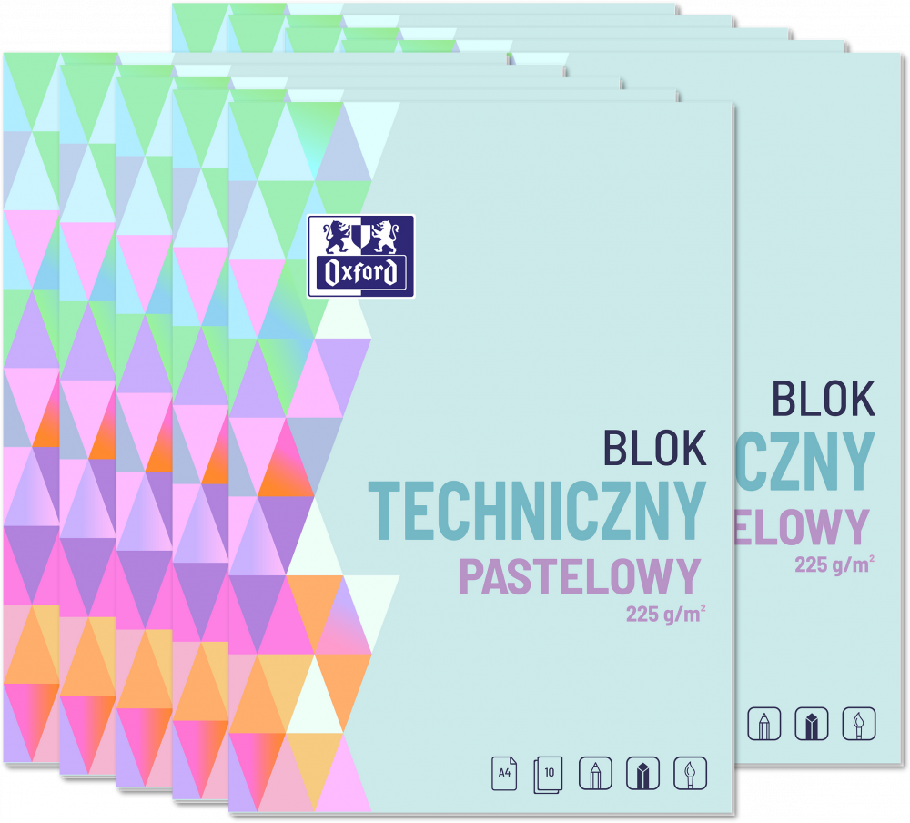 10x Blok techniczny pastelowy Oxford, A4, 10 kartek, kolorowy