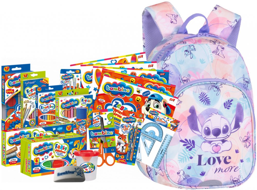 Zestaw: Plecak dla przedszkolaka CoolPack Toby Stitch Pastel + Wyprawka szkolna Bambino, 18-elementów