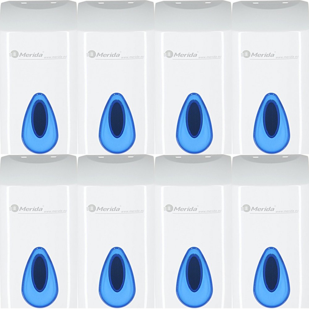 8x Dozownik do mydła w płynie Merida Top Mini, niebieskie okienko, 9x19x9.8cm, 400ml, biały