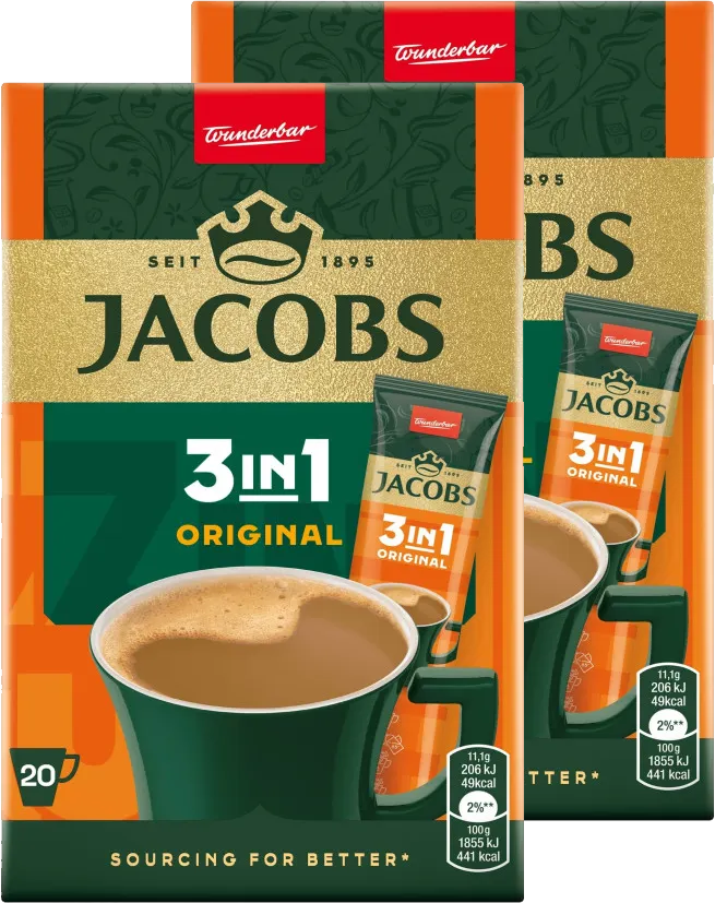 2x Kawa rozpuszczalna w saszetkach Jacobs 3w1, original, 20 sztuk x 12.6g