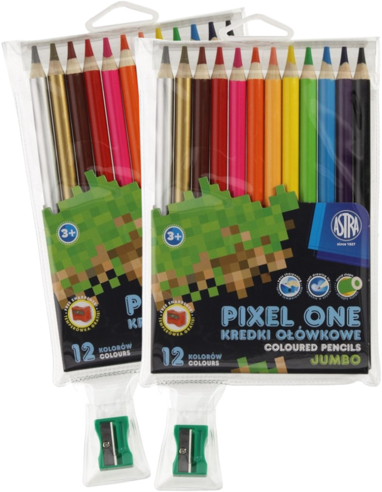 2x Kredki ołówkowe Astrakids Pixel One Jumbo okrągłe, 12 kolorów + temperówka
