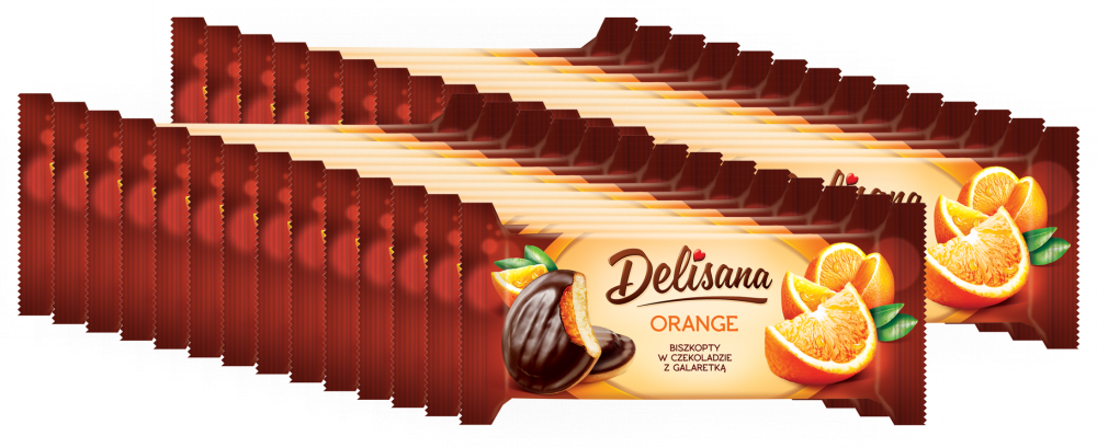 28x Biszkopty w czekoladzie Delicpol Delisana, z galaretką pomarańczową, 135g