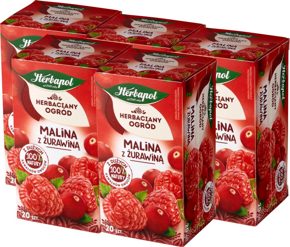 5x Herbata owocowa w torebkach Herbapol Herbaciany Ogród, malina i żurawina, 20 sztuk x 3g
