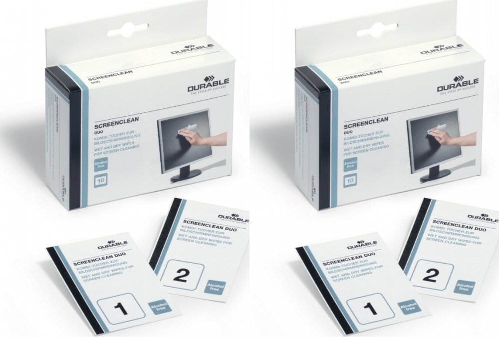 2x Chusteczki do czyszczenia ekranów, tabletów i laptopów Durable Screenclean Duo, 10x2 sztuki (suche i mokre), biały