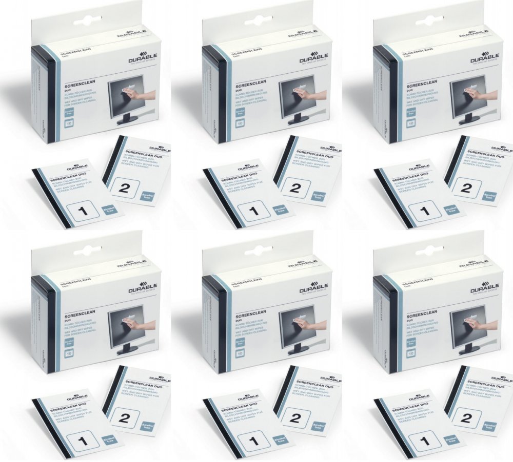 6x Chusteczki do czyszczenia ekranów, tabletów i laptopów Durable Screenclean Duo, 10x2 sztuki (suche i mokre), biały