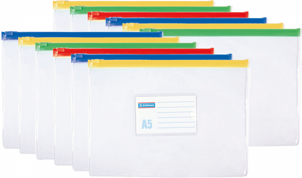 12x Koszulka z suwakiem Donau, A5, 170μm, transparentny, zapięcie mix kolorów