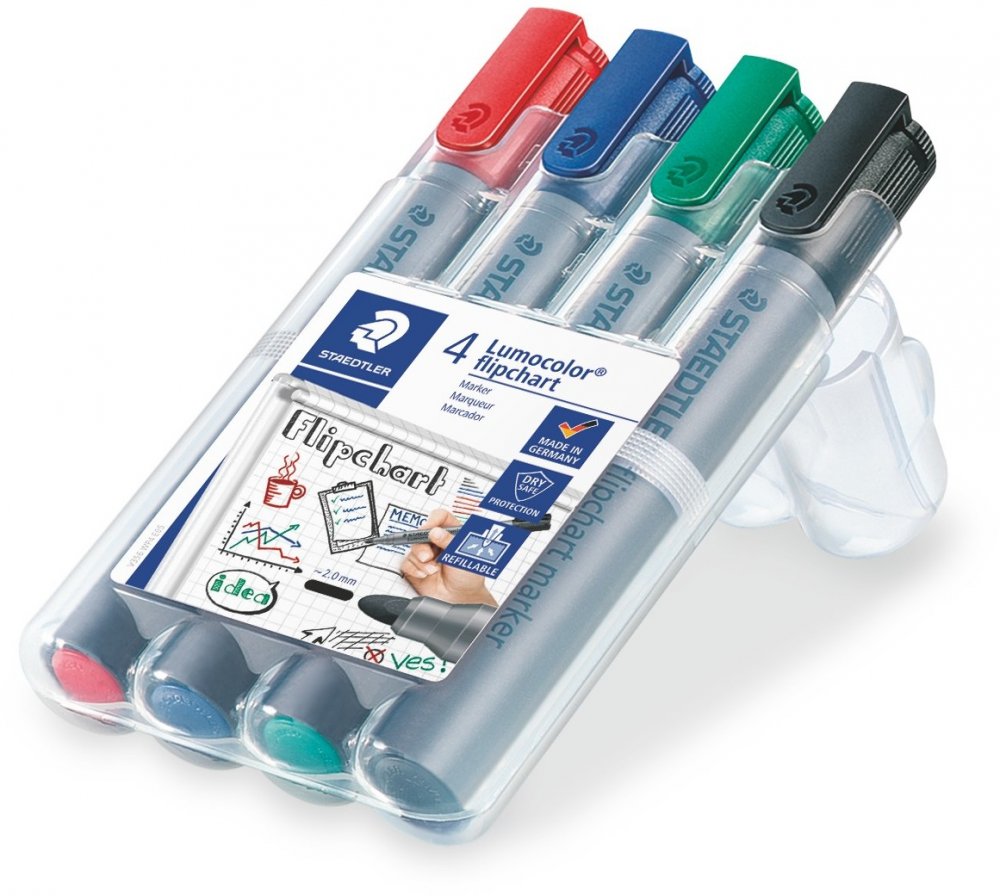 Marker do flipchartów w etui, Staedtler Lumocolor, 2 mm, okrągła, 4 sztuki , mix kolorów
