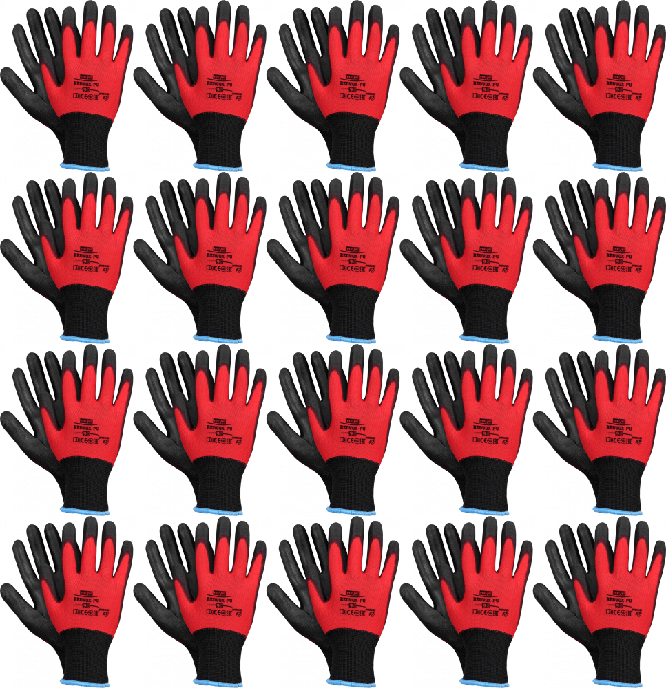 20x Rękawice robocze Reis REDVOX-PU CB, powlekane, rozmiar 10, czerwono-czarny
