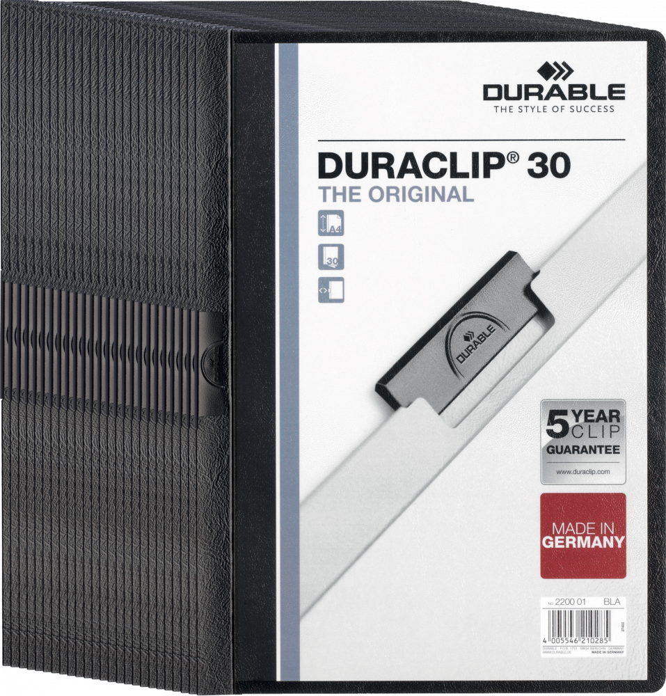 25x Skoroszyt zaciskowy Durable DuraClip, A4, plastikowy, do 30 kartek, czarny