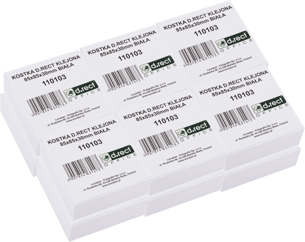 12x Karteczki do notatek D.Rect, klejone, 85x85x30mm, biały