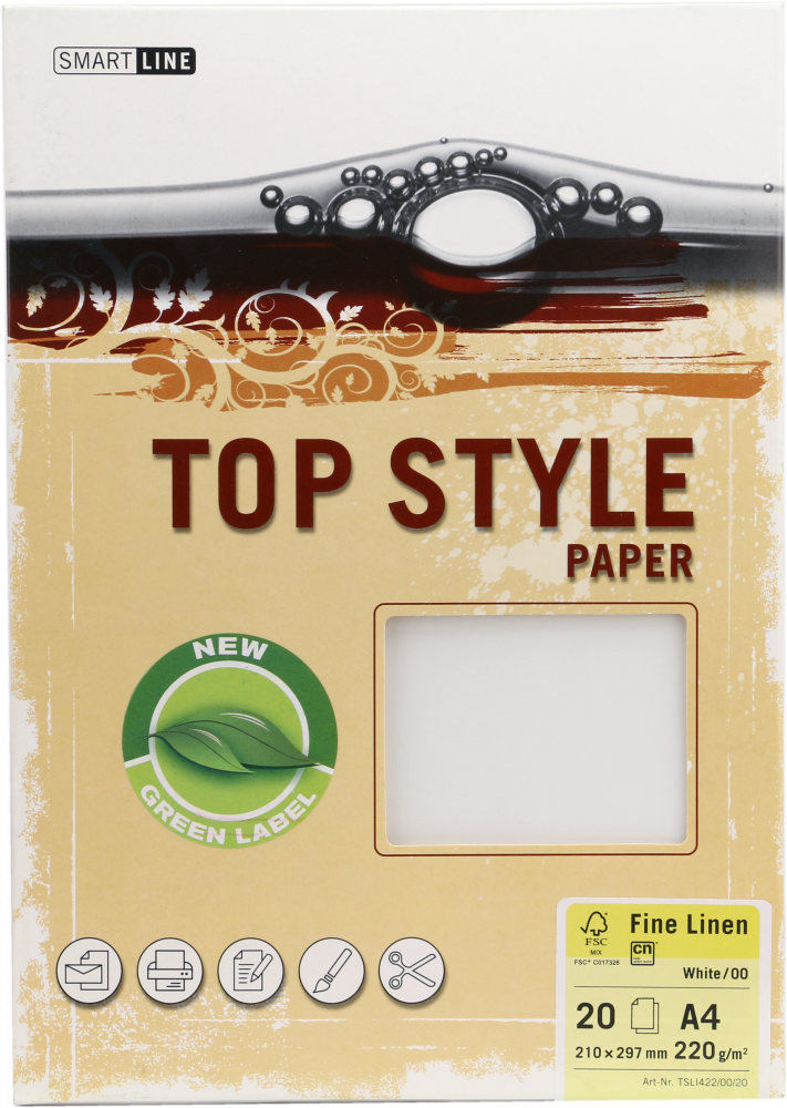 Papier ozdobny Top Style, Linen, A4, 220g/m2, 20 arkuszy, biały