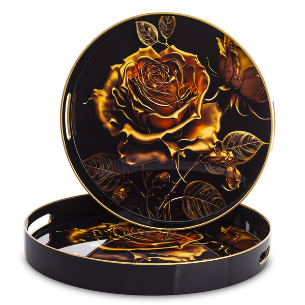 Taca okrągła dekoracyjna LAKA czarna złota róża fi 37cm