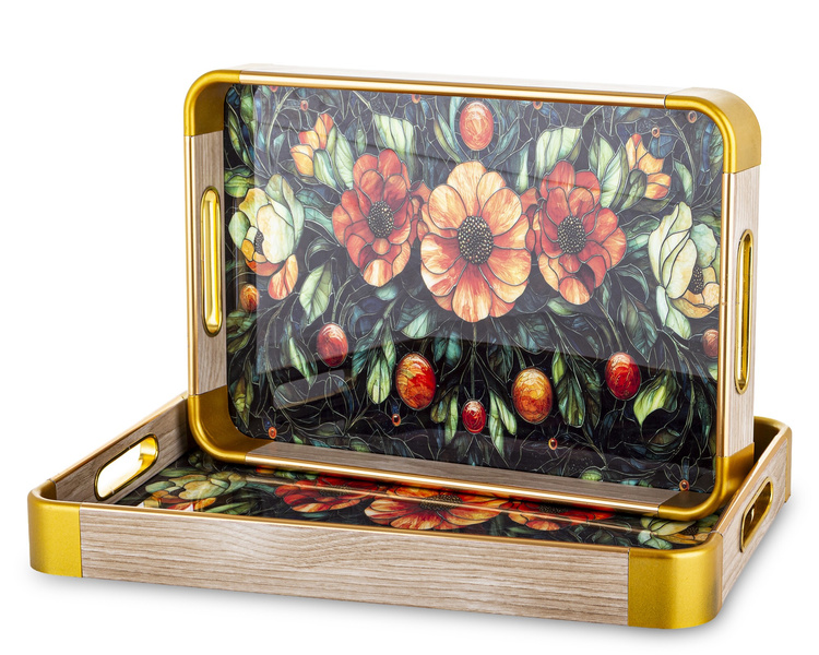 Taca drewniana dekoracyjna z mozaiką piwonie 41,5x30cm