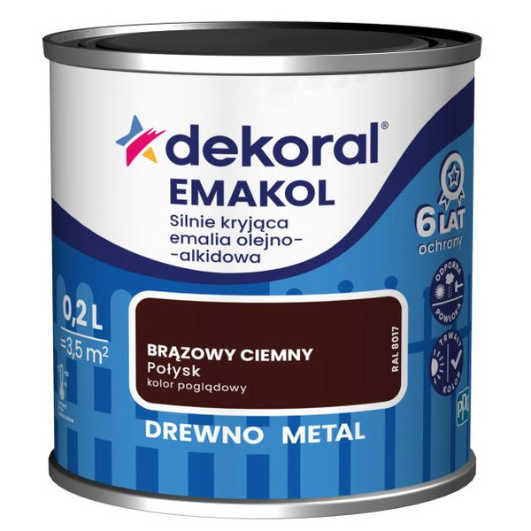 Emalia do drewna i metalu Emakol Brązowy ciemny połysk 0,2L Dekoral