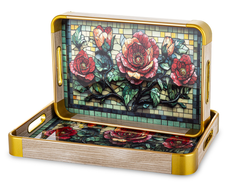Taca drewniana dekoracyjna z mozaiką i różami 38,5x26cm