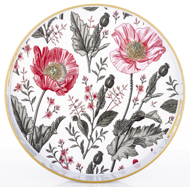 Taca okrągła dekoracyjna złote ranty LAKA biała w kwiaty fi 33cm