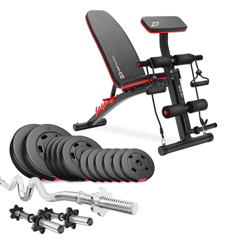 Ensemble d'haltères en plastique de 36 kg avec barre Super EZ et banc de musculation HS-1035