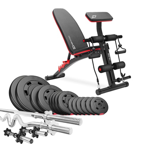 Ensemble d'haltères en plastique de 66 kg avec barre Super EZ et banc de musculation HS-1035