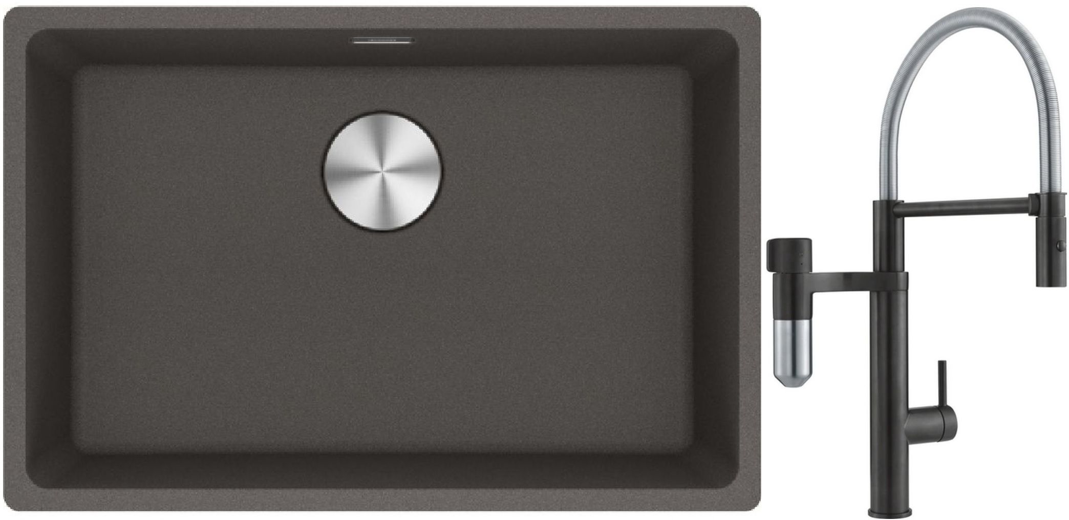 Franke Maris zlewozmywak granitowy 65,3x43,3 cm łupkowy szary z baterią kuchenną Vital Semi-Pro czarny mat/stal (1250716376, 1200621313)