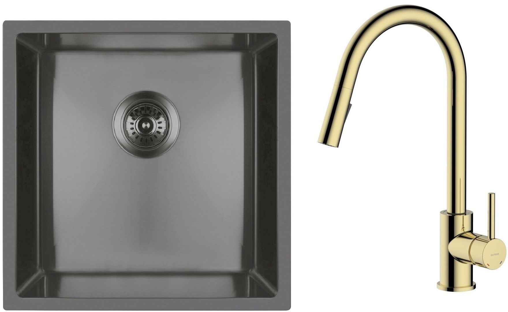 Zestaw Oltens Stalvask zlewozmywak stalowy 44x44 cm z baterią kuchenną Litla czarny/złoty połysk (71100300, 35204800) - Wysyłka w 24h