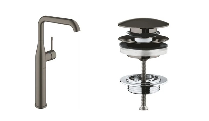 Zestaw Grohe Essence New bateria umywalkowa stojąca wysoka z korkiem Brushed Hard Graphite (32901AL1, 65807AL0)