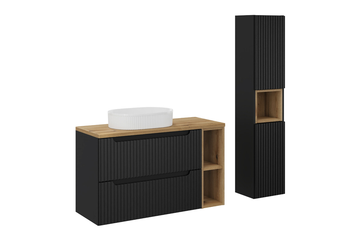 Zestaw Comad Nova Black/Oak szafki 80 cm i 20 cm z blatem naszafkowym 100 cm i umywalka Beyond 48x32,5 cm biała z szafką boczną wysoką ...
