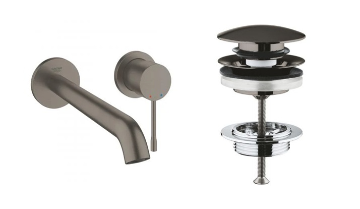 Zestaw Grohe Essence New bateria umywalkowa podtynkowa z korkiem Brushed Hard Graphite (19967AL1, 65807AL0)