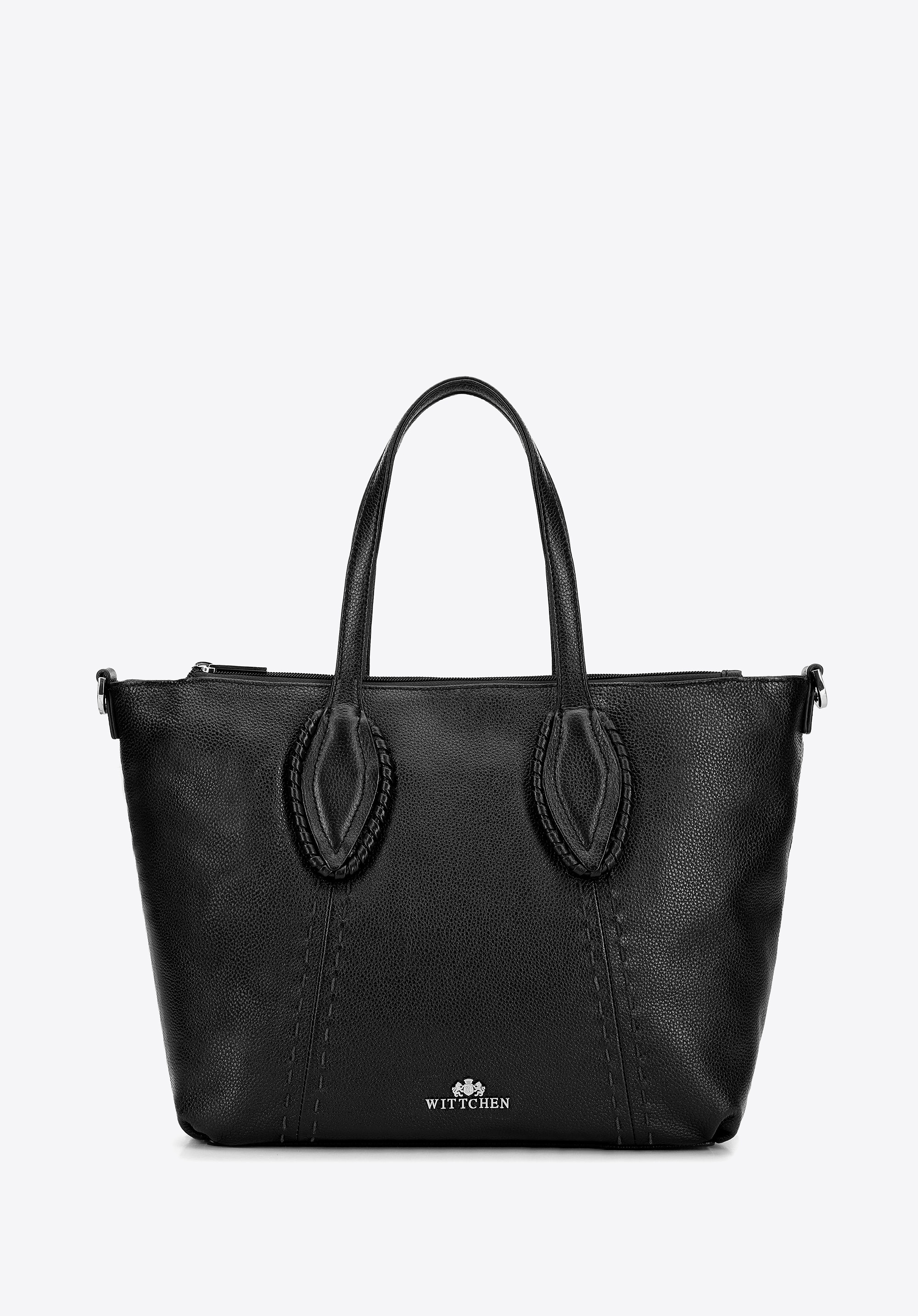 Damska shopperka ze skóry naturalnej w dekoracyjne przeszycia czarna