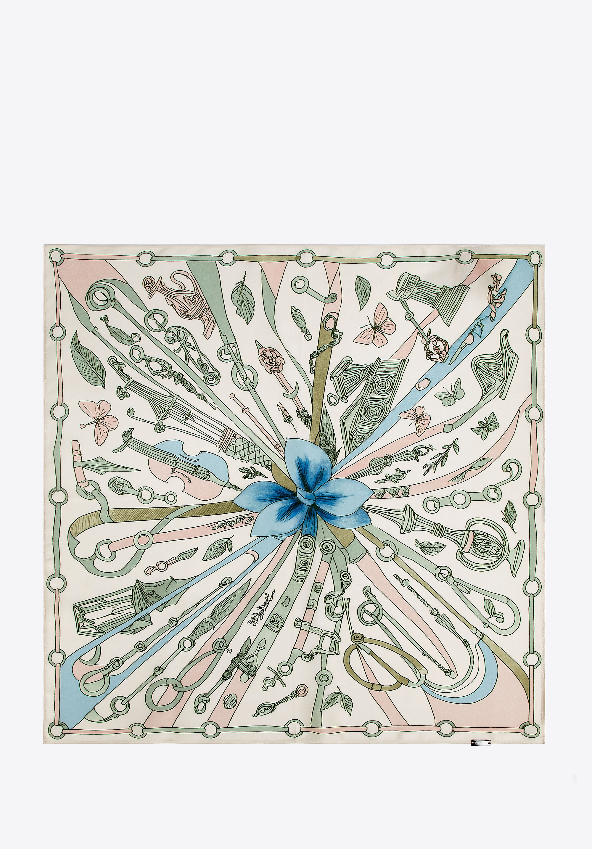 Damska apaszka z jedwabiu z dekoracyjnym motywem beżowo - niebieska