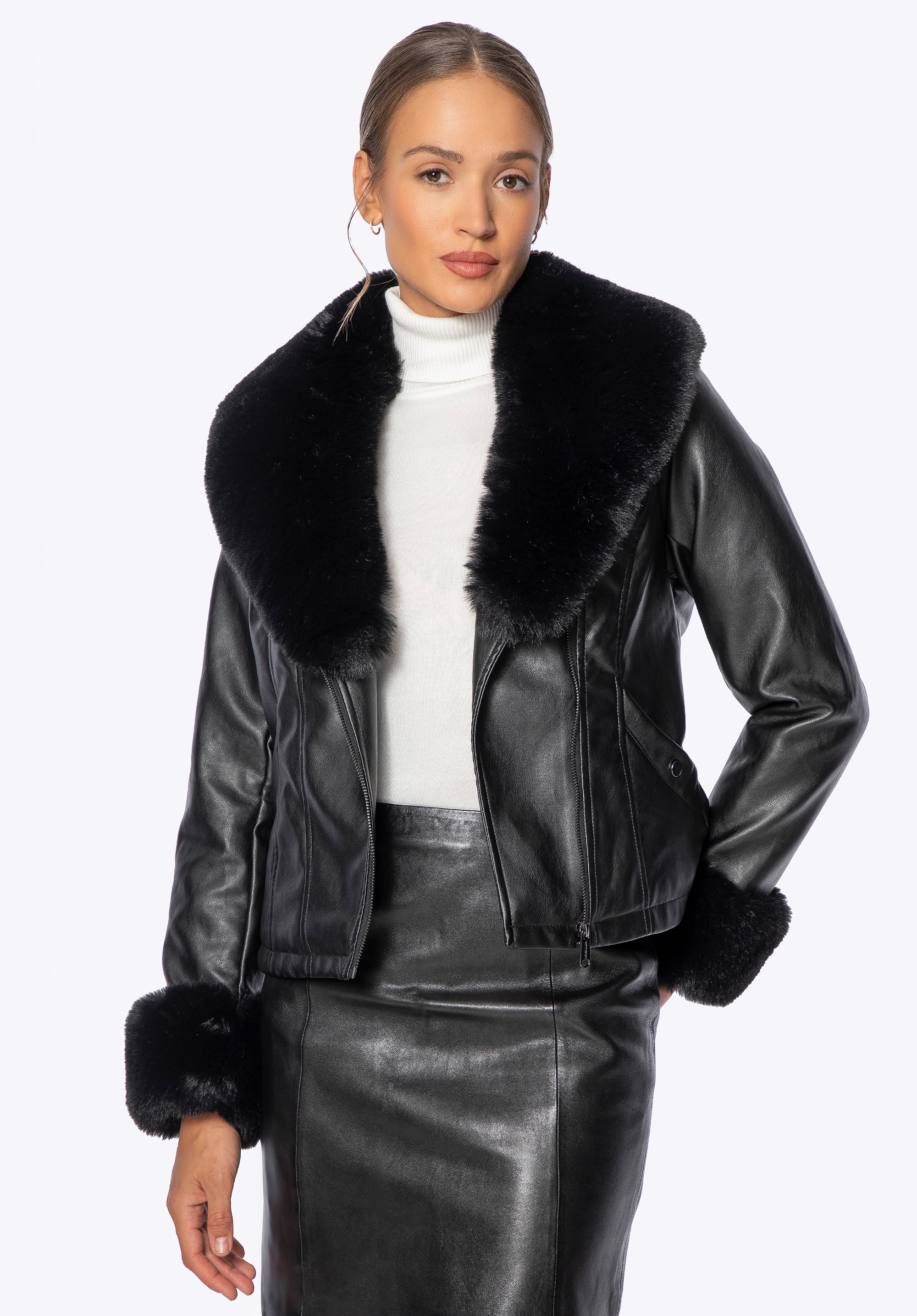 Damska kurtka z ekoskóry z futerkowym kołnierzem i mankietami czarna