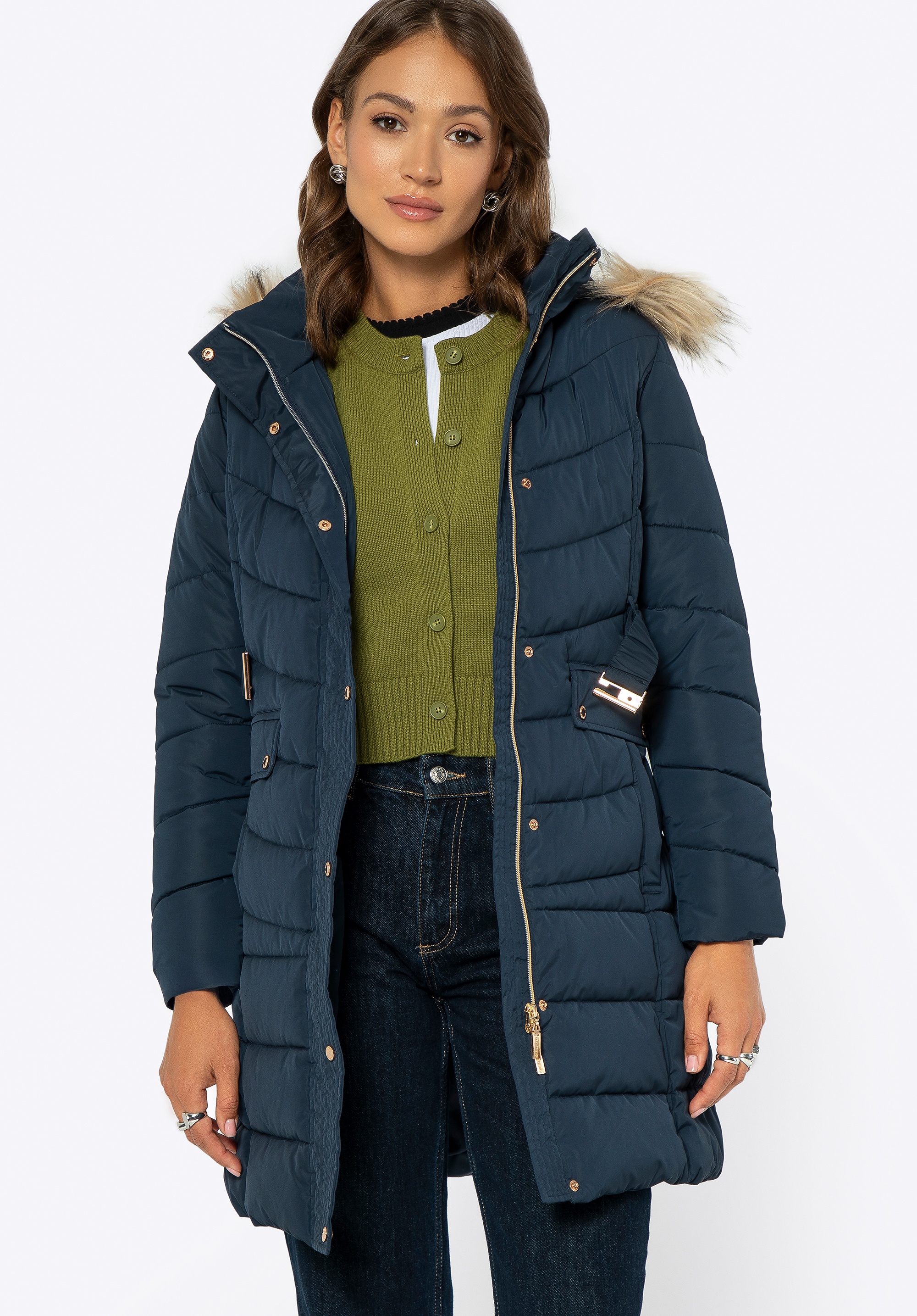 Dodatkowe rabaty - Kurtka damska pikowana z kapturem granatowa