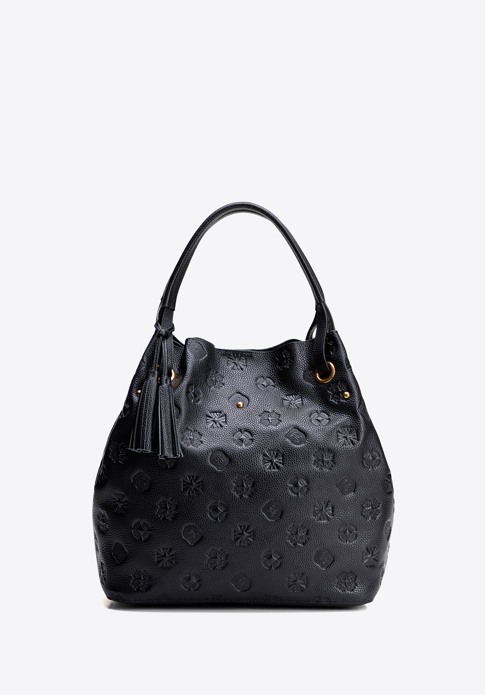 Damska torebka typu worek ze skóry sygnowana w monogram czarno - złota