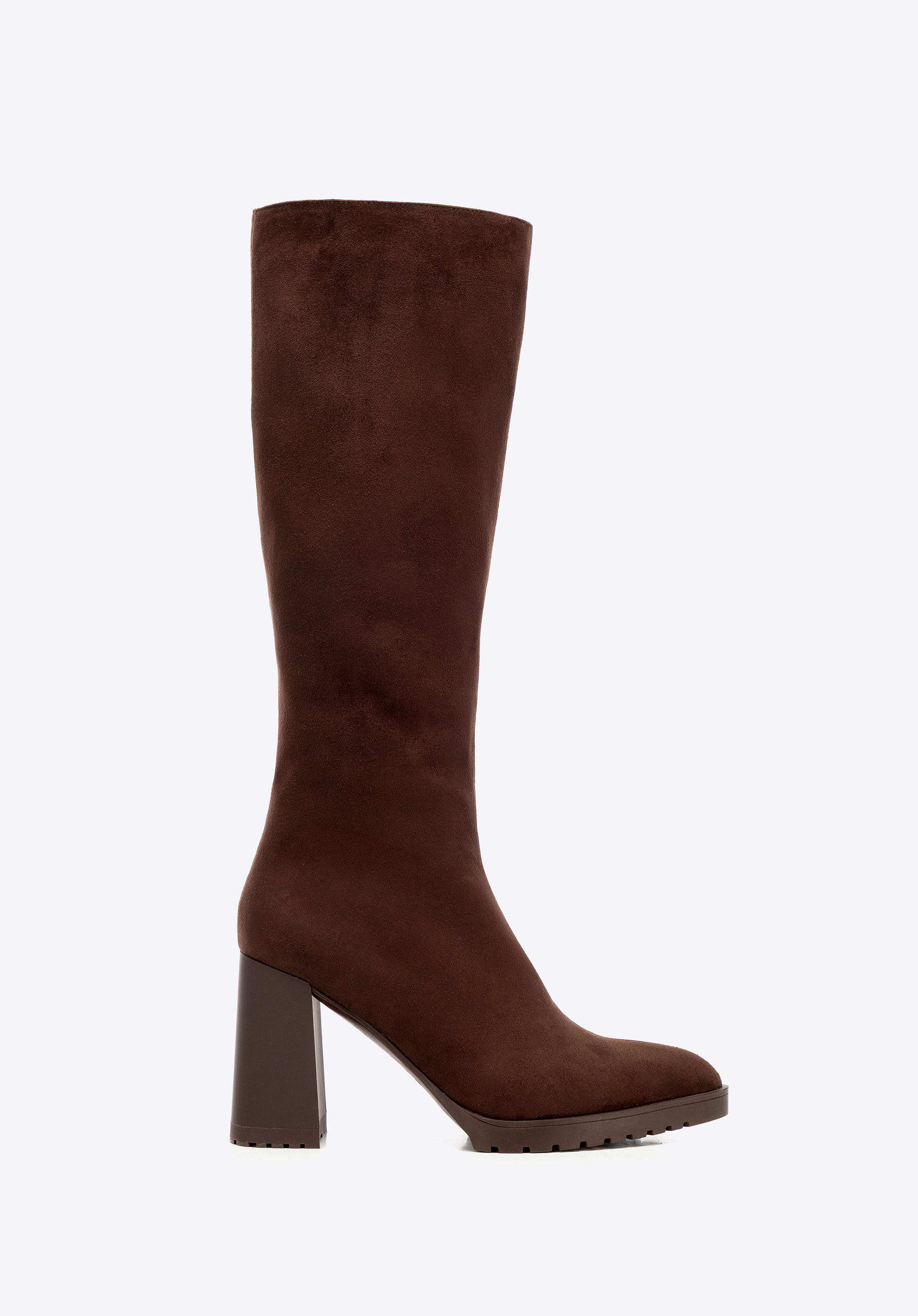 Damskie kozaki z imitacji zamszu na słupku brązowe