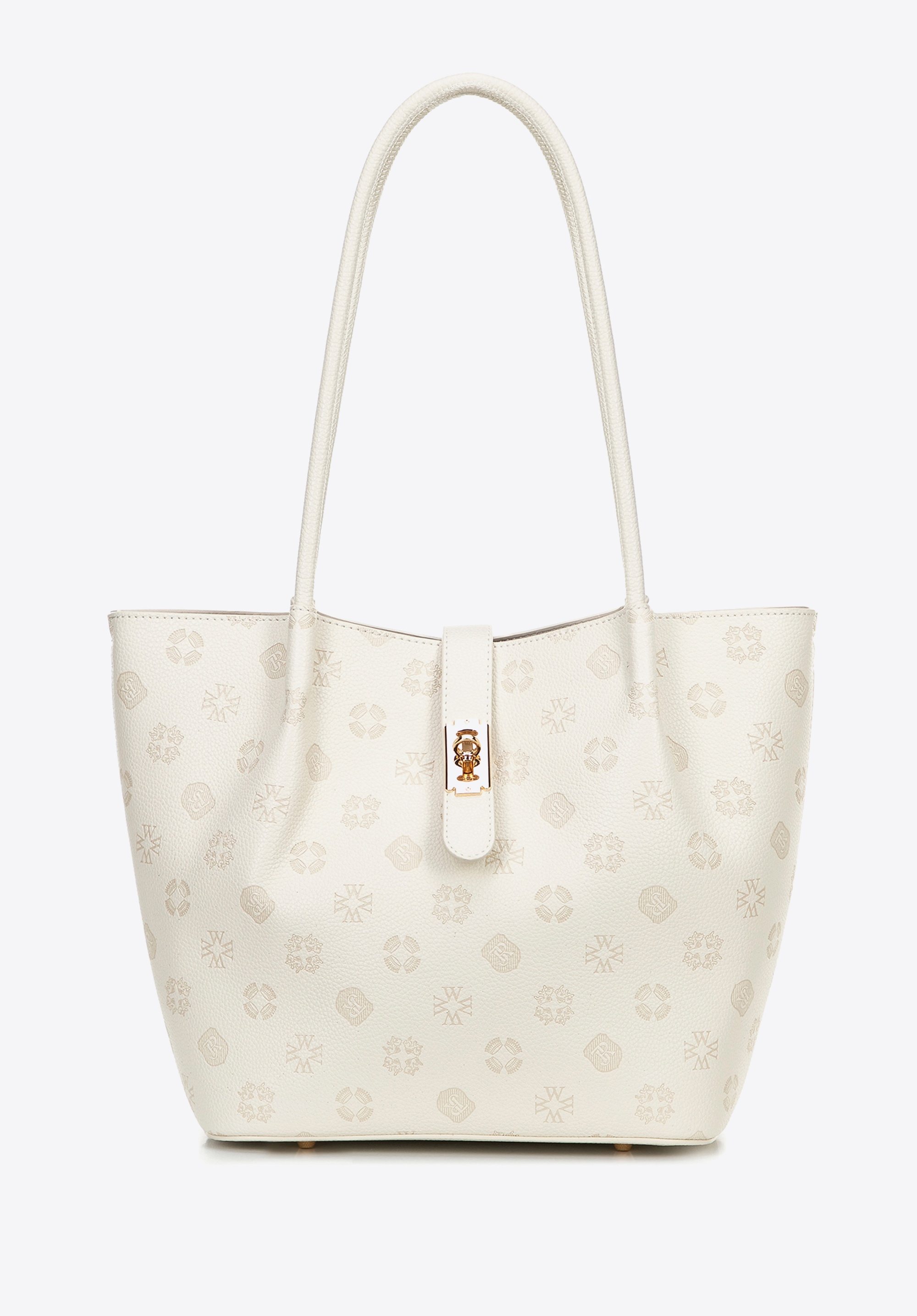 Damski kuferek z ekoskóry z tłoczoną sygnaturą duży kremowy