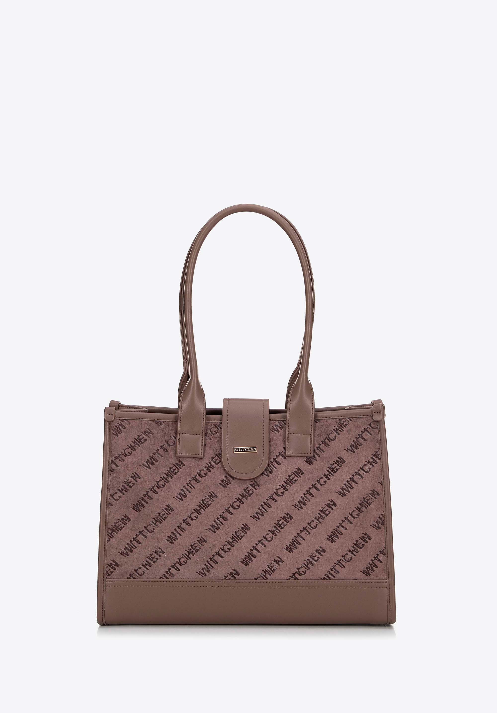 Klasyczna torebka na ramię z materiałową wstawką beżowa