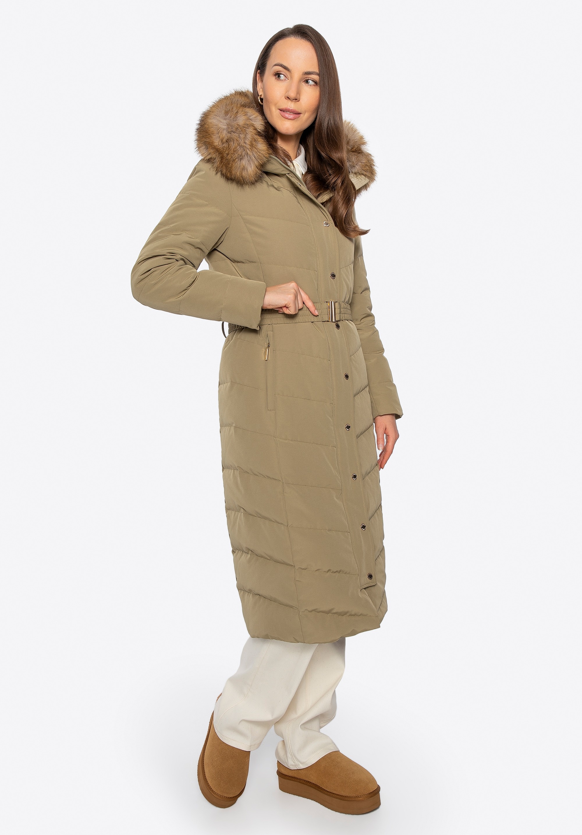 Płaszcz damski z naturalnym wypełnieniem khaki