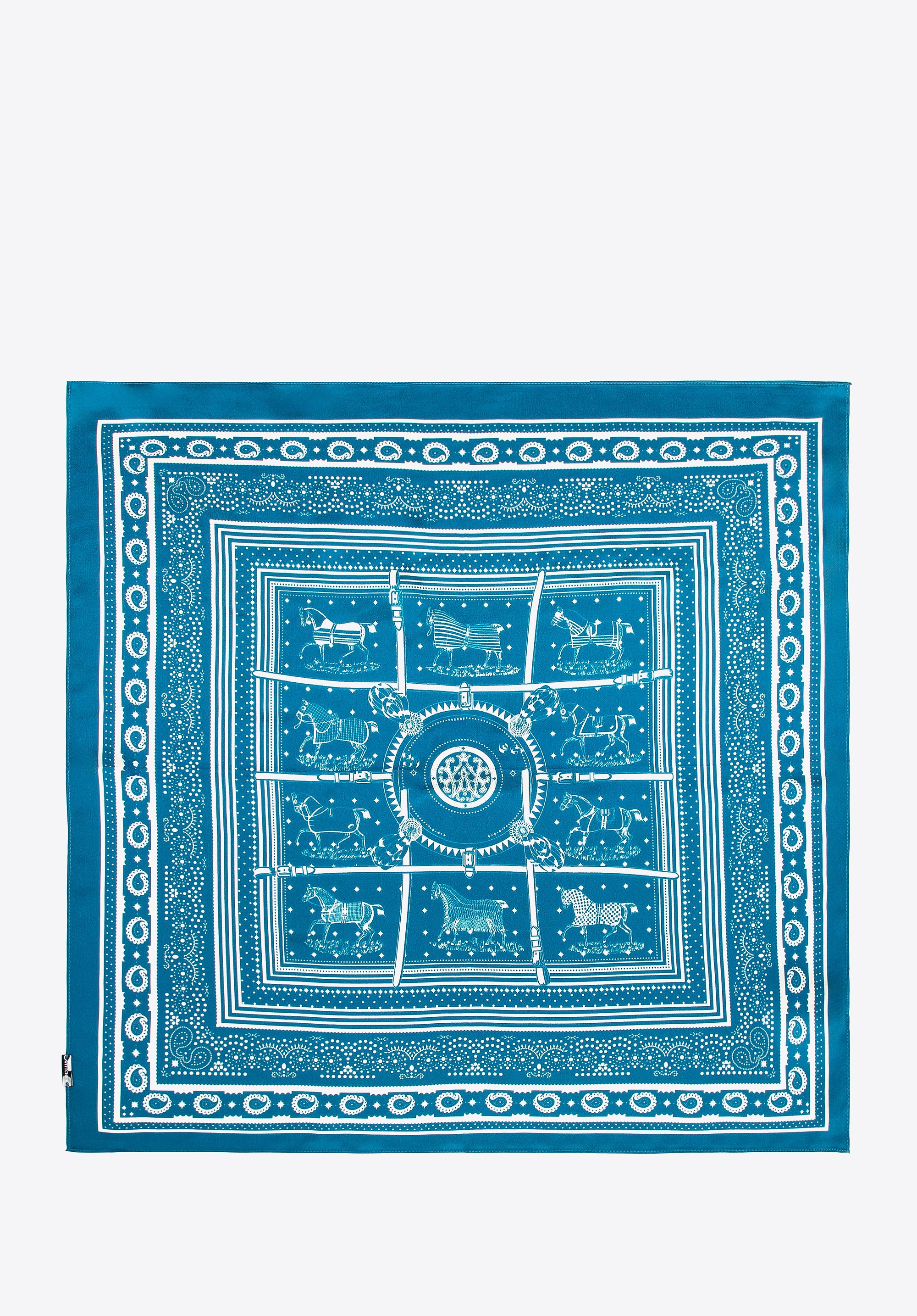 Damska apaszka z jedwabiu z motywem jeździeckim niebieska