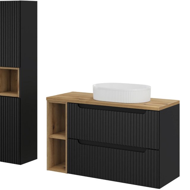 COMAD Zestaw mebli NOVA BLACK 2 szafki z blatem OAK 100 cm, umywalka
