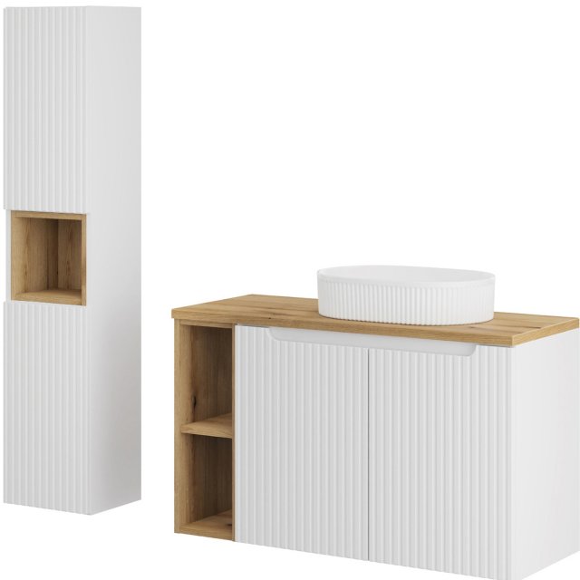 COMAD Zestaw mebli NOVA WHITE 2 szafki z blatem OAK 100 cm, umywalka