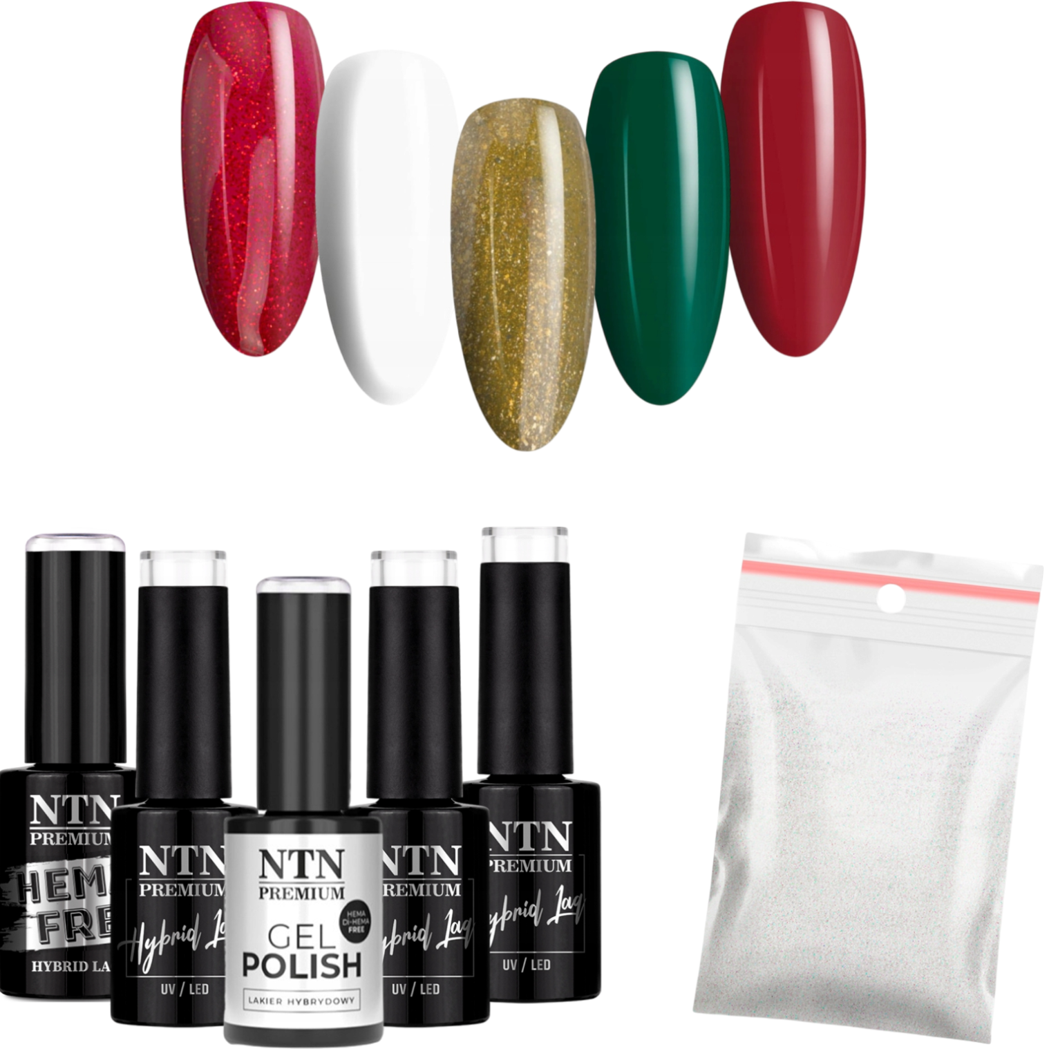 5x Lakier Hybrydowy NTN 5g Christmas Świąteczny ZESTAW 5w1 + Pyłek Srebrny