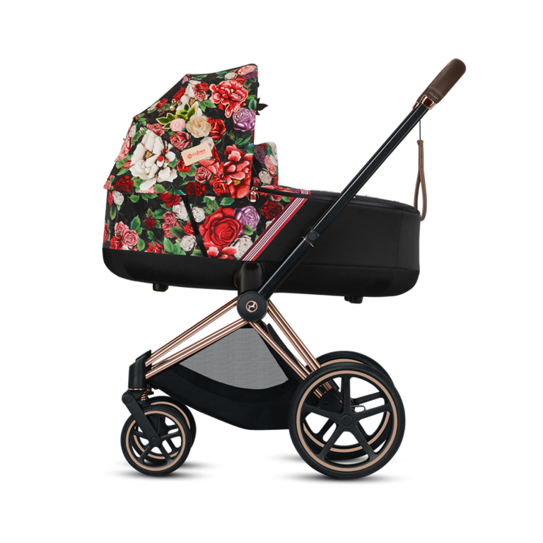Cybex, Priam 2.0 Fashion Collection - wózek głęboko-spacerowy -Spring Blossom Dark-Chrome z brązową rączką