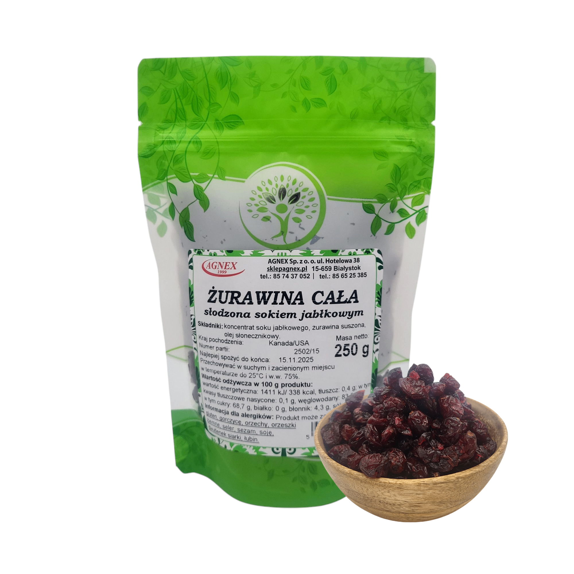 Żurawina cała suszona- słodzona sokiem jabłkowym 250 g