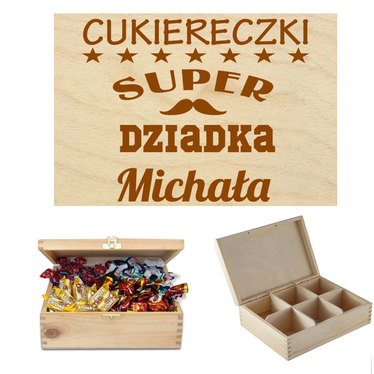 Prezent dla Dziadka drewniane pudełko na słodycze, czekoladki, cukierki, sprzęt wędkarski, niezbędnik na narzędzia, herbaciarka z grawerem Imię napis