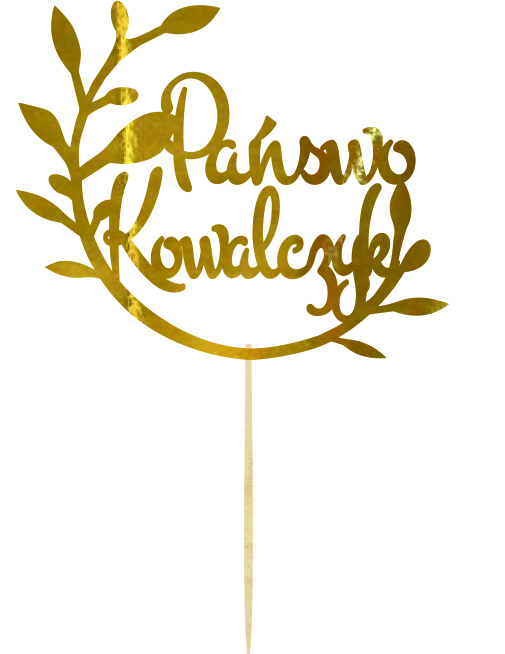 Topper napis na tort dekoracja na Ślub z Nazwiskiem Młodej Pary w kolorze złotym z gałązkami