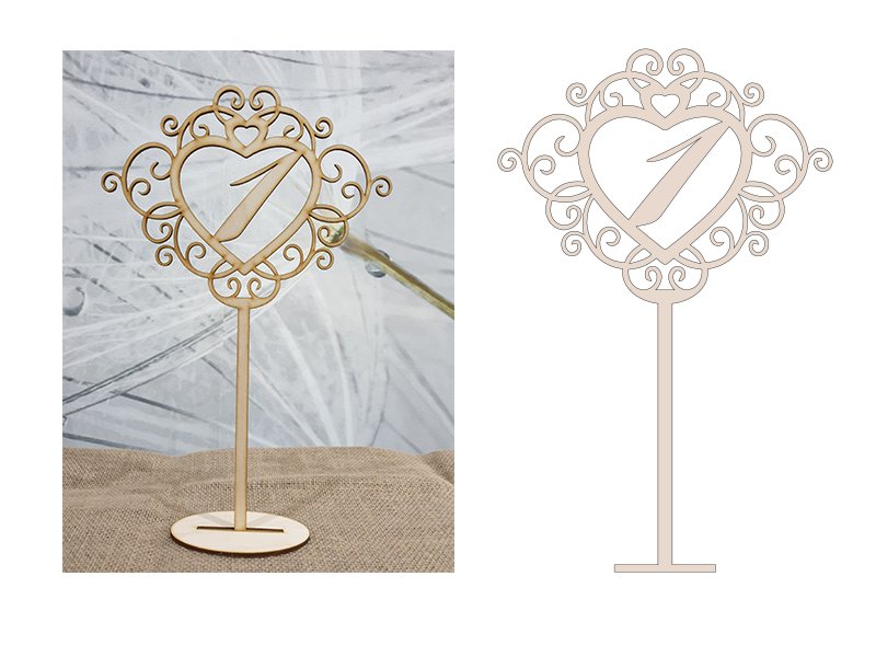 Drewniane numery na stół serce na nóżce ślub, wesele 30cm