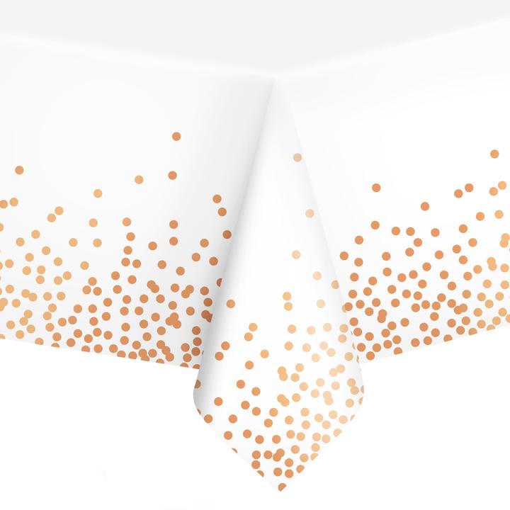 Obrus foliowy 137x274 cm, biały w różowo złote kropki, konfetti
