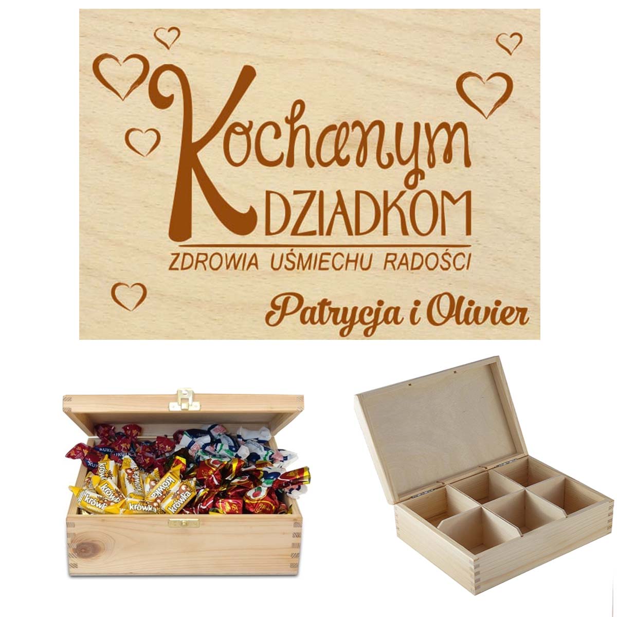 Prezent dla Babci i Dziadka drewniane pudełko na słodycze, czekoladki, cukierki, sprzęt wędkarski, niezbędnik na narzędzia, herbaciarka z grawerem Imi