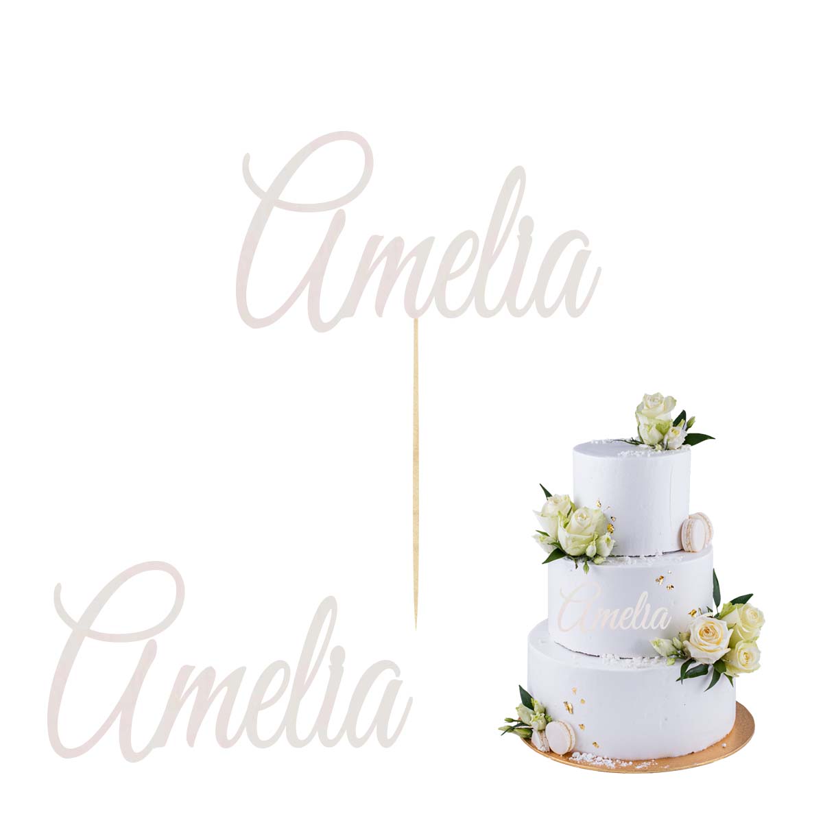 Topper na bok tortu imię napis biały, dekoracja na Komunię Świętą Chrzest Roczek Urodziny pik scrapki
