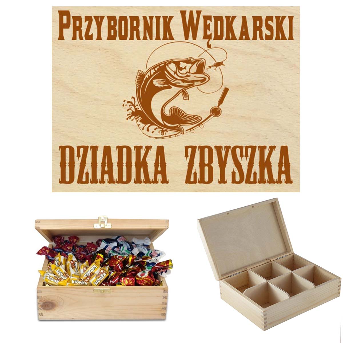Prezent dla Dziadka drewniane pudełko na słodycze, czekoladki, cukierki, sprzęt wędkarski, niezbędnik na narzędzia, herbaciarka z grawerem Imię napis